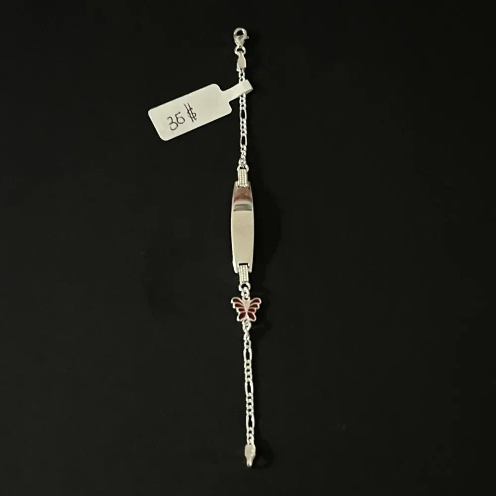 Esclava fígaro con plaquita de plata 925 con dije de mariposa - 5.5 inch
